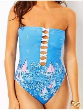 New Lilly Pulitzer NWT Novi Strapless One-Pc Swimsuit Lunar Blue A Lil Nauti